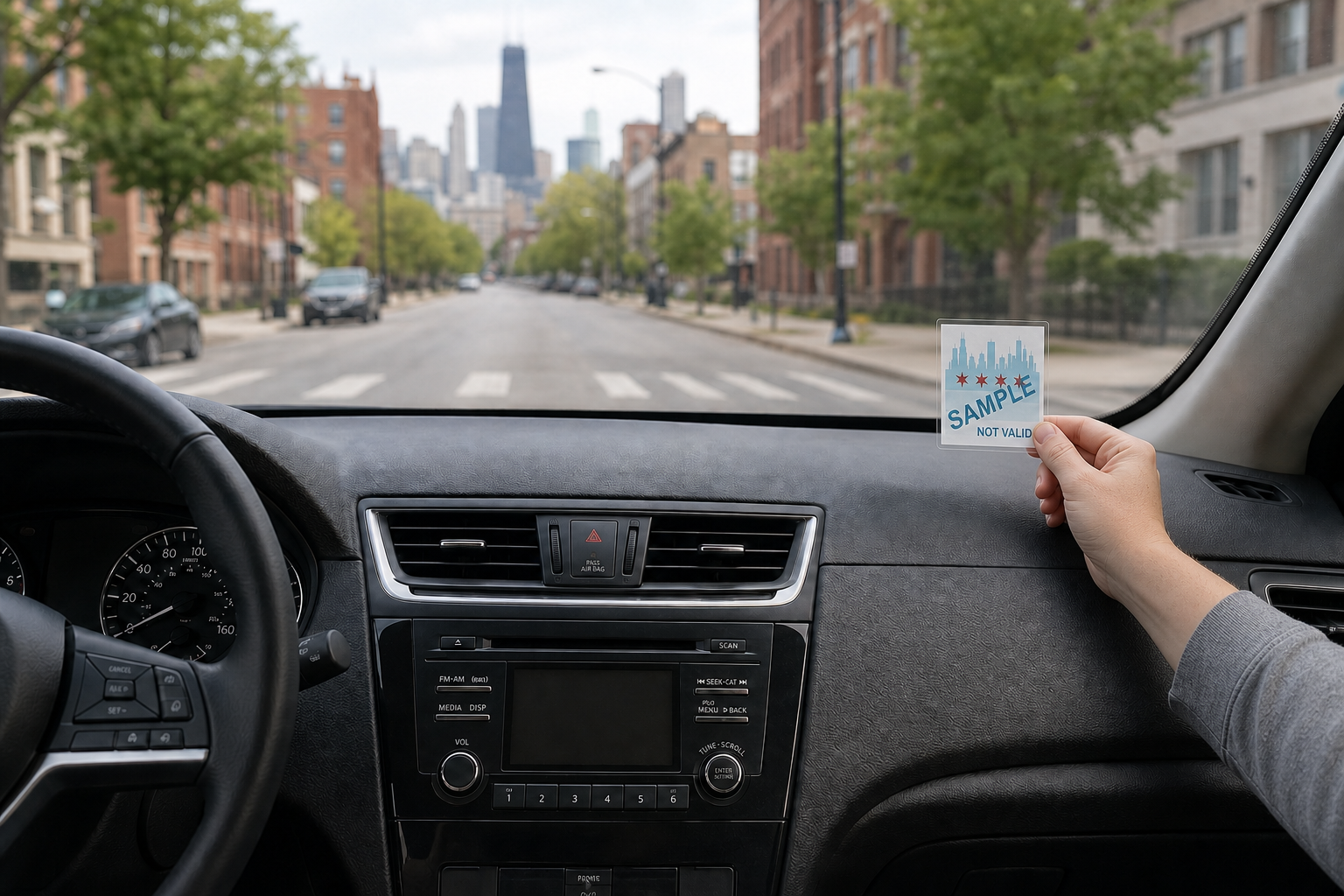 Applying a realistically sized parking permit prepared with Unstuck inside a windshield