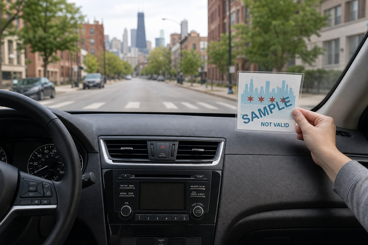 Applying a parking permit prepared with Unstuck inside a windshield