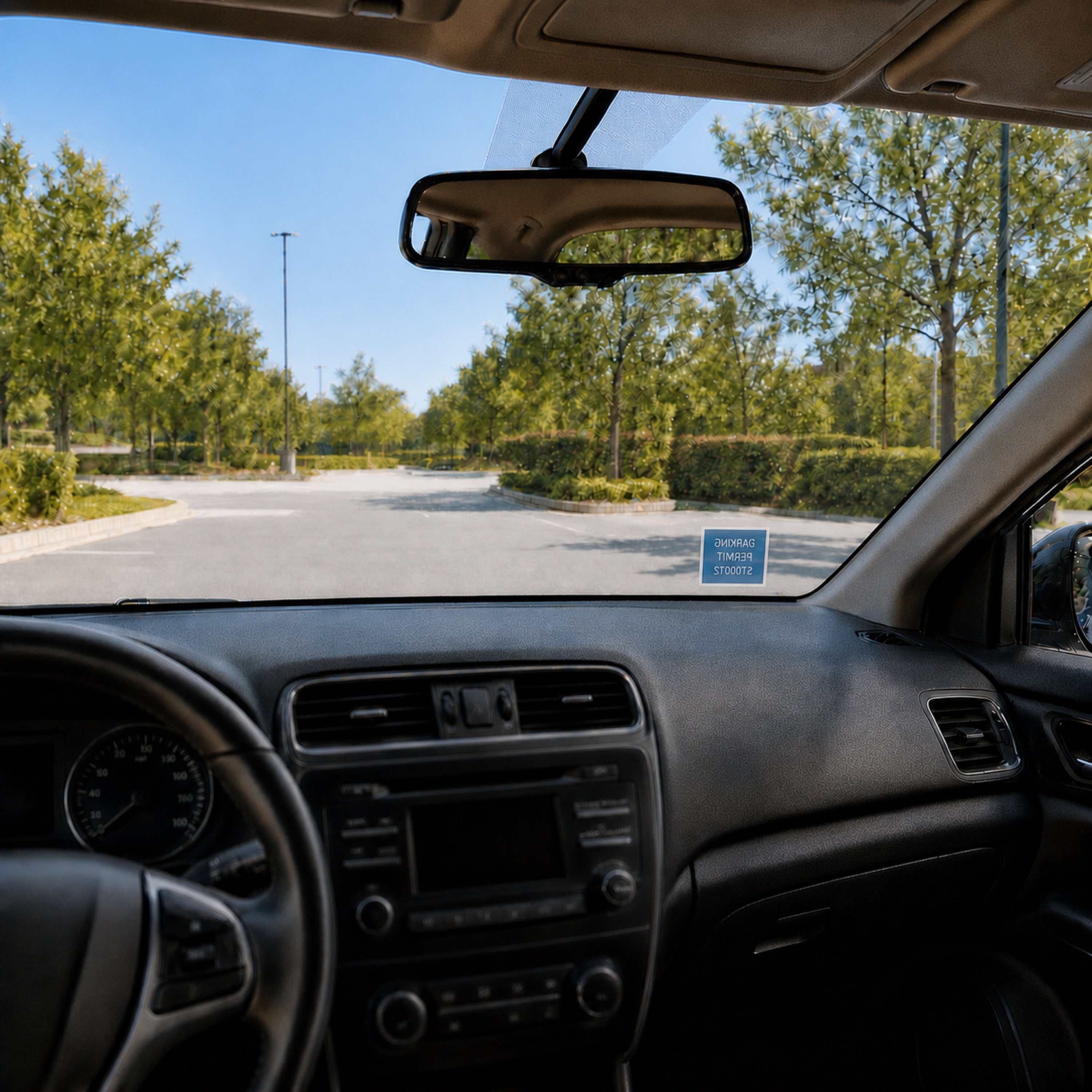 Driver's view of an Unstuck-mounted permit in the passenger-side windshield corner