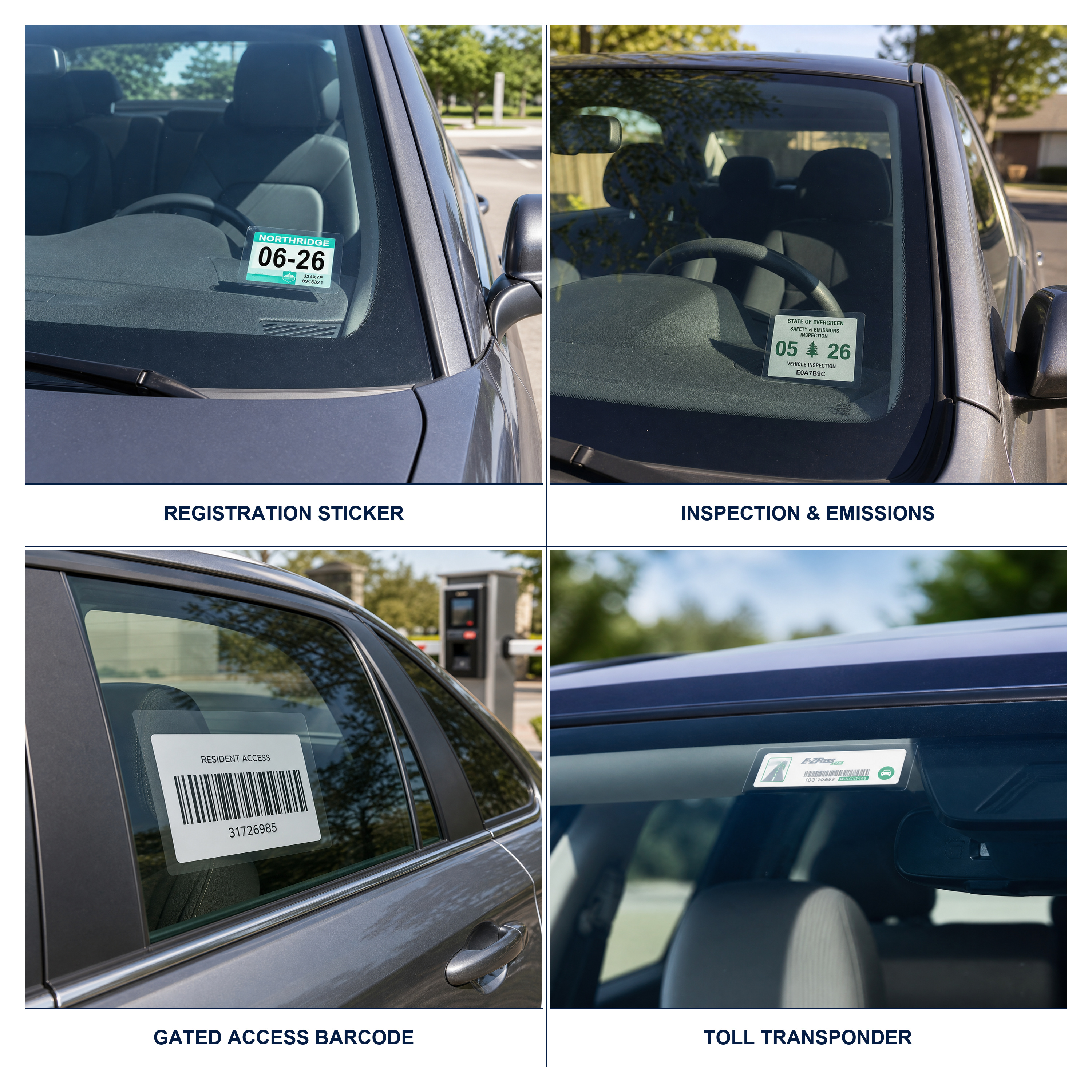 Four vehicle uses for Unstuck: registration sticker, inspection sticker, gated access barcode, and toll transponder