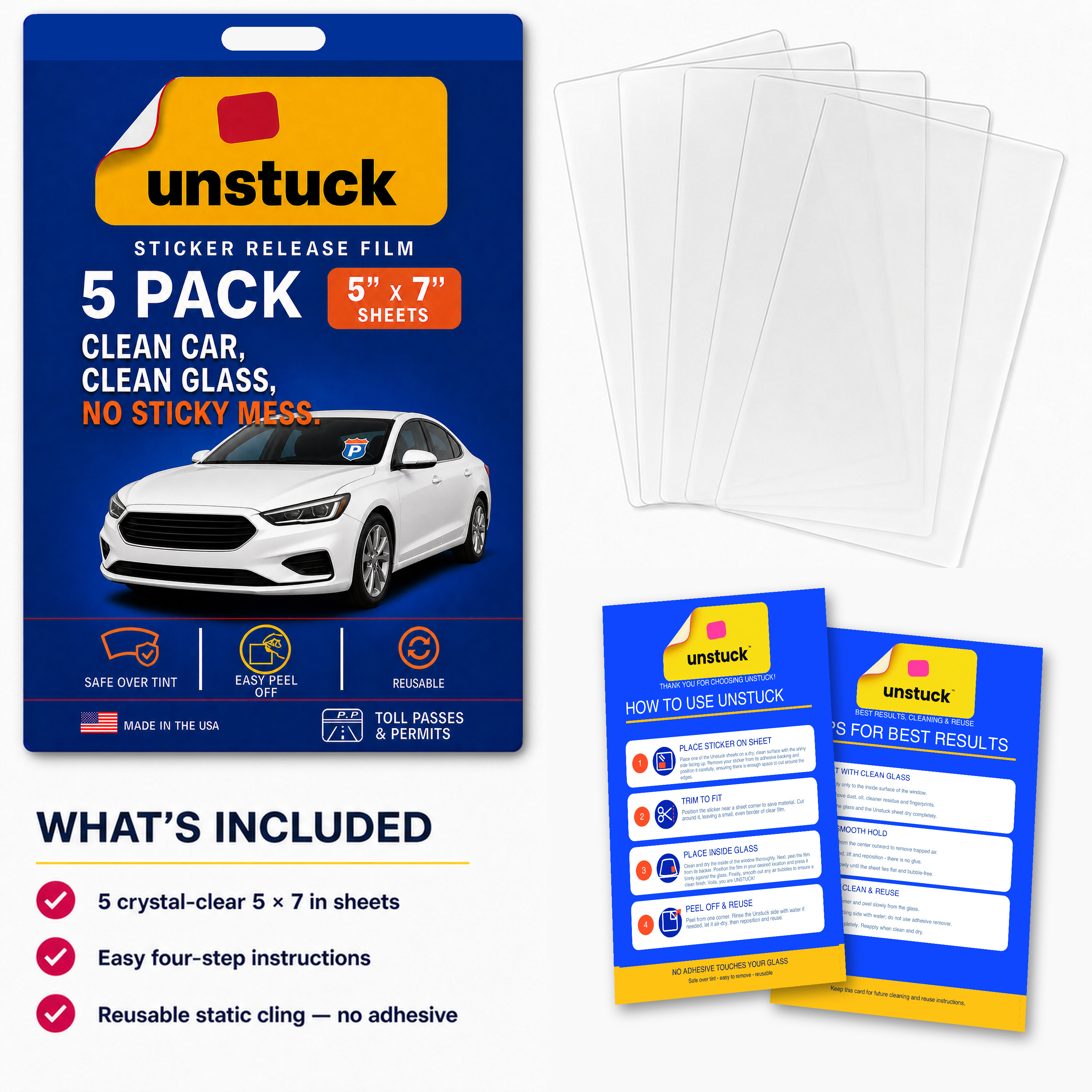 Unstuck package, five clear 5 by 7 inch sheets, and two-sided instructions