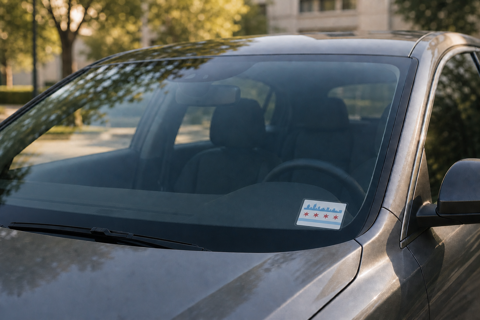 A realistically sized permit held by nearly invisible Unstuck film in the passenger-side windshield corner