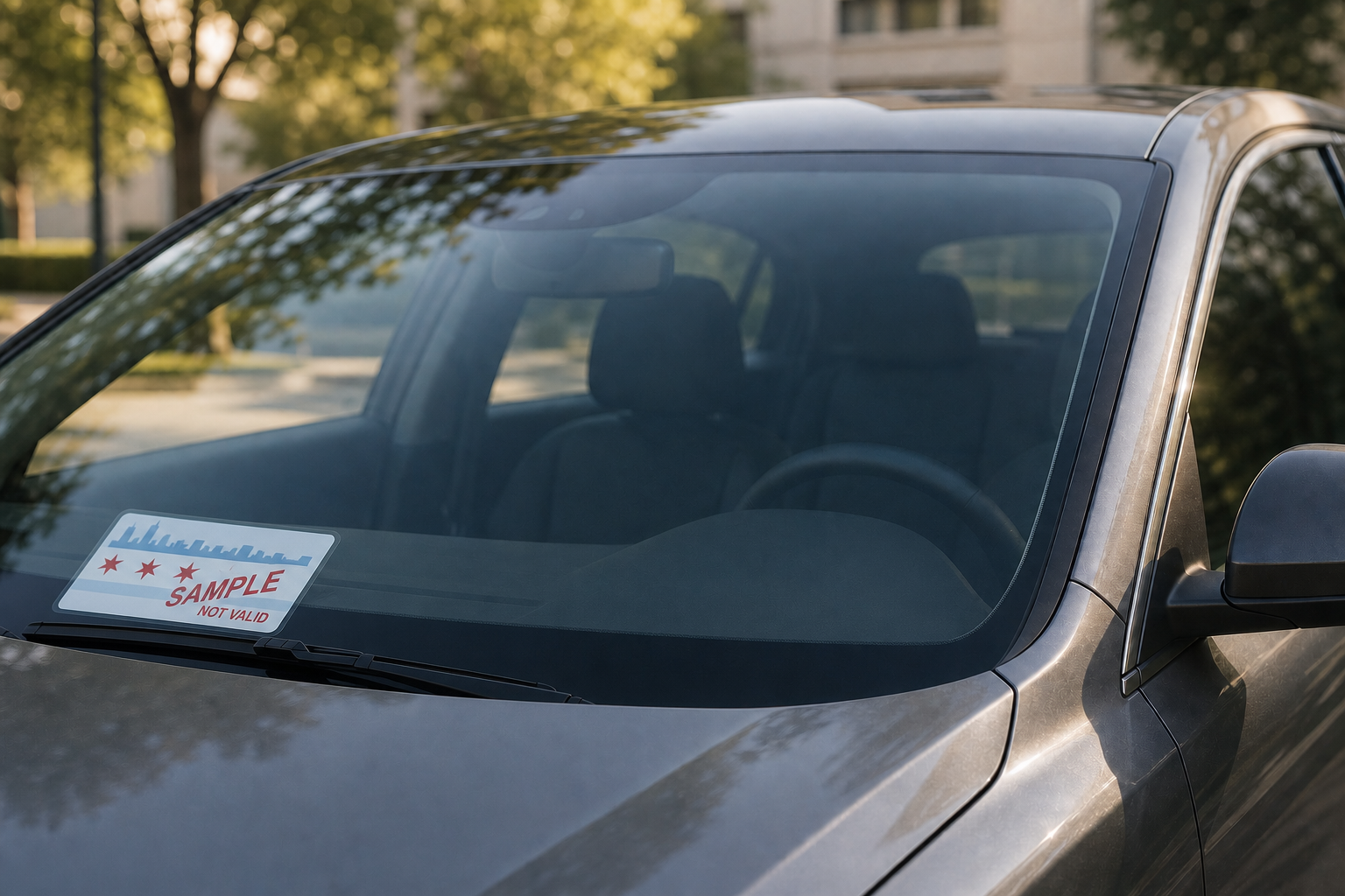 Unstuck film displaying a permit on a clean windshield